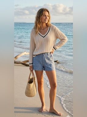 Tabi Linen Blend Cream  Peppy V Neck Knitted Sweater Size Large Academia Casual